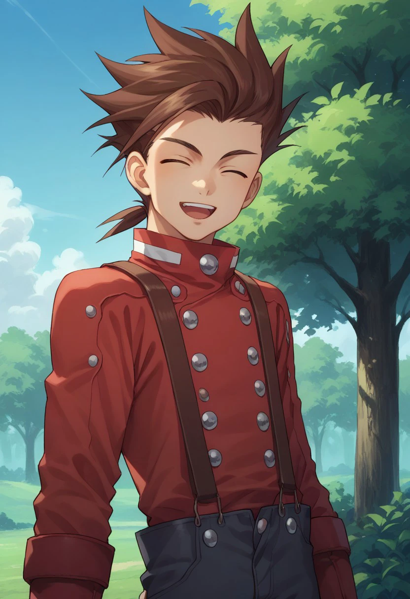 score_9, score_8_up, score_7_up, source_anime, highly detailed, 
lloyd, 
1boy, brown hair, red shirt, male focus, solo, shirt, gloves, closed eyes, spiked hair, suspenders, looking at viewer, smile, open mouth
outdoor, sky, tree