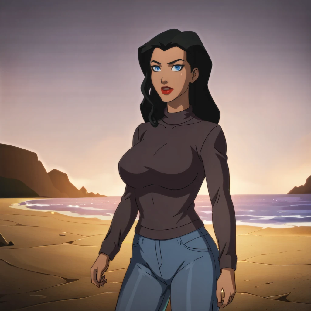 <lora:zatannayoungjustice_pony_v1:.8> zatannaYoungJustice, 1girl,solo, black hair, lipstick, blue eyes, makeup, large breasts, dark skin, red lips, dark-skinned female, long hair, sweater, jeans