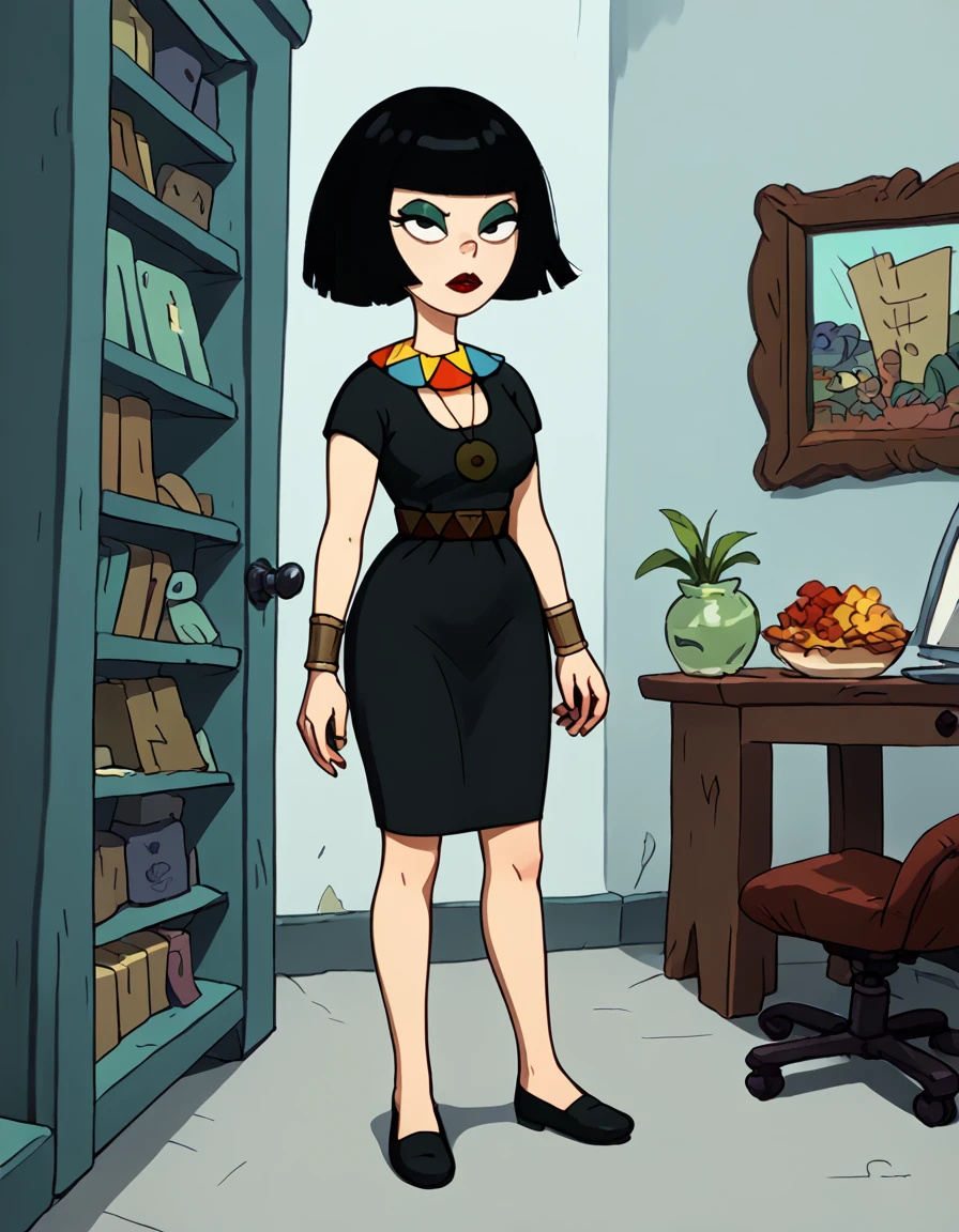 <lora:Ms_Mushburgur:1> 1girl, pale, artsy, makeup, black bob-cut hair, blunt bangs, colorful necklace with red blue yellow triangles, brown round pendant, black dress, brown and green belt, gold  and brown bracelet, bracelet, black footwear, full body, source_cartoon, score_9, score_8_up, score_7_up,