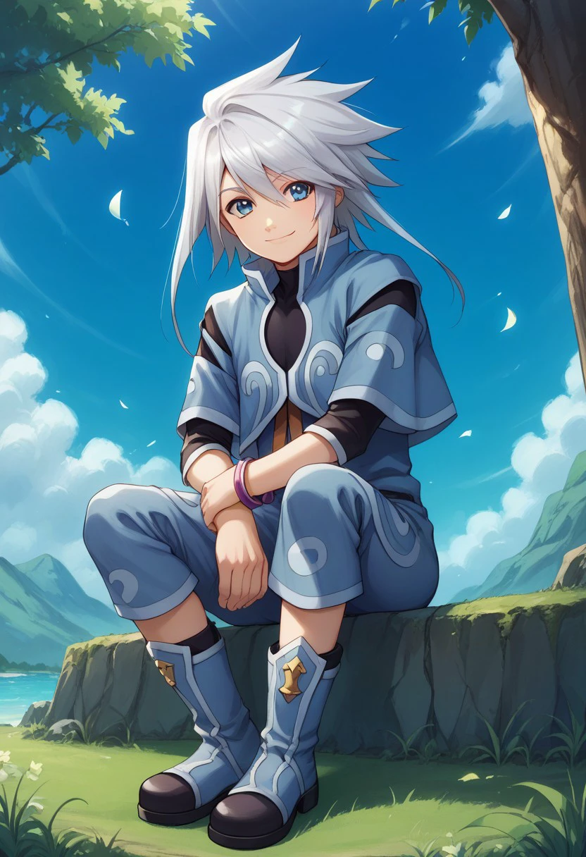 score_9, score_8_up, score_7_up, source_anime, highly detailed, 
genis, solo, male focus, 1boy, boots, long hair, smile, shirt, shorts, jacket, black shirt, blue jacket, blue shorts, standing, looking at viewer, bracelet, blue footwear, jewelry, silver hair, blue eyes, slender, skinny
outdoor, sky, tree, sit,