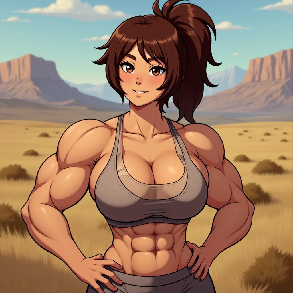 muscular female in yoga clothes, brown eyes, she looking at viewer with smile and brown eyes have brown ponytail hair, outdoors, cowboy shot