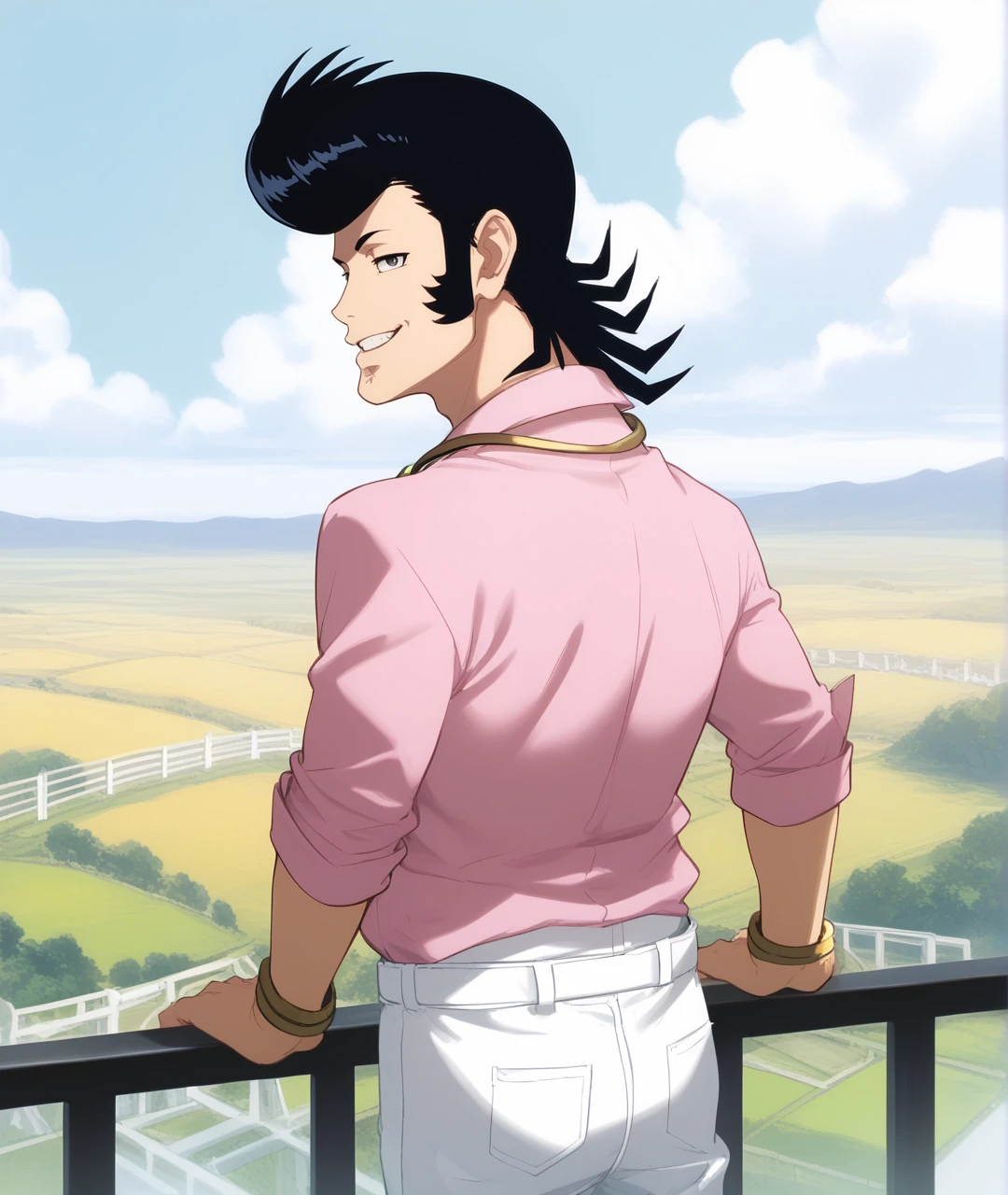 score_9, score_8_up, score_7_up, source_anime, railing, scenery, clouds,
BREAK
1boy, solo, dandy \(space dandy\), space dandy, scar, pompadour, sideburns, black hair, pink shirt, collared shirt, white pants, necklace, half-closed eyes, smug, huge smug smile, teeth, against railing, looking at viewer,
<lora:spacedandy:1> <lora:revolverwing-artist-richy-v1_pdxl:1>