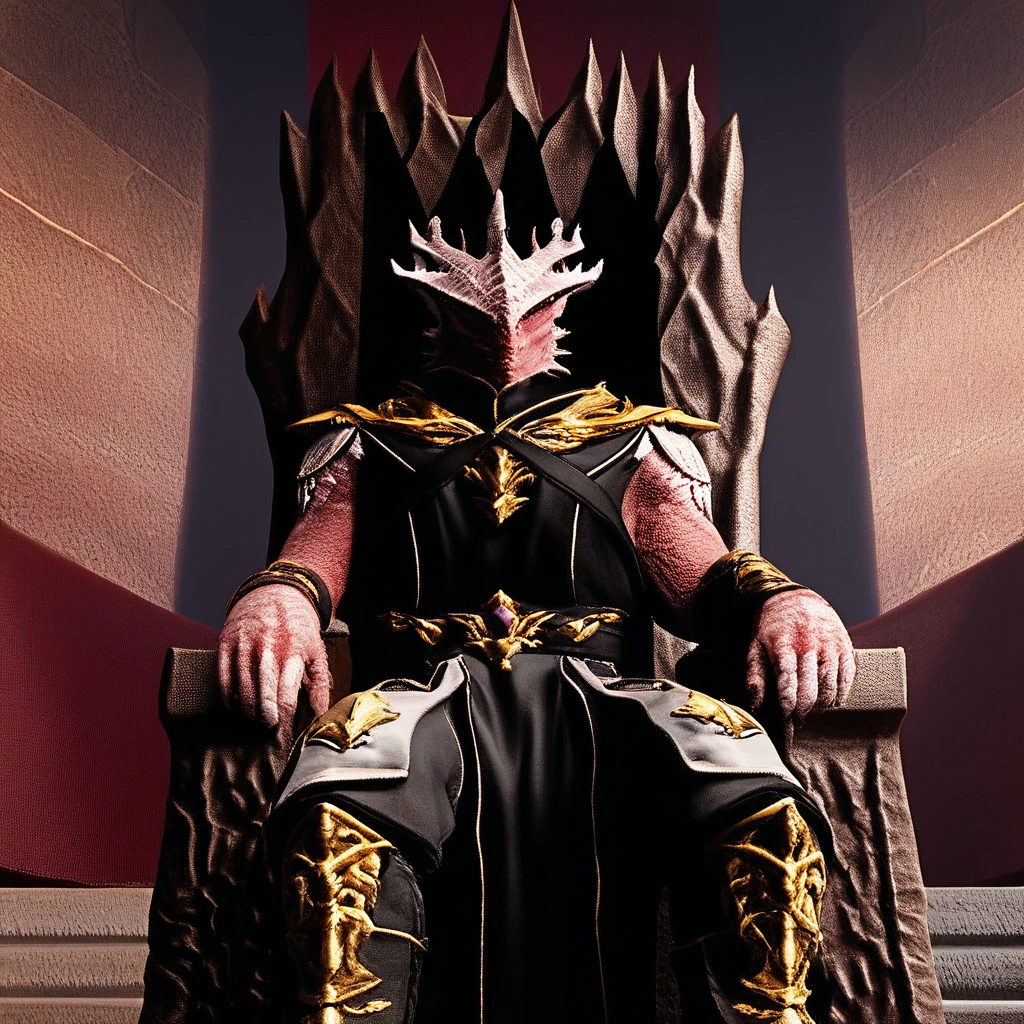 Durge, The Dark Urge, sorcerer armor, sitting on throne, regal, throne room