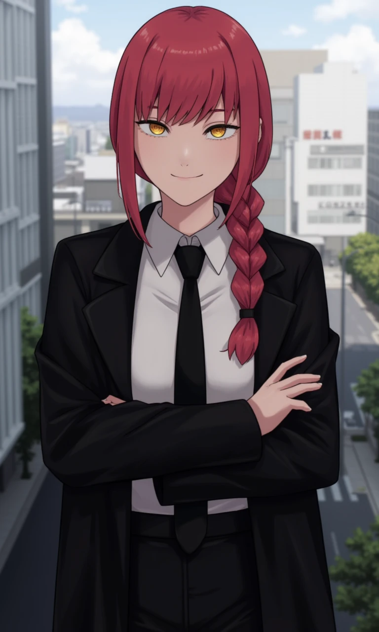 flux_makima, woman, collared shirt, white shirt, black pants, black necktie, red hair , sidelocks, yellow eyes, single braid, evil smile, evil, outdoors, city, tokyo, crossed arms, black coat