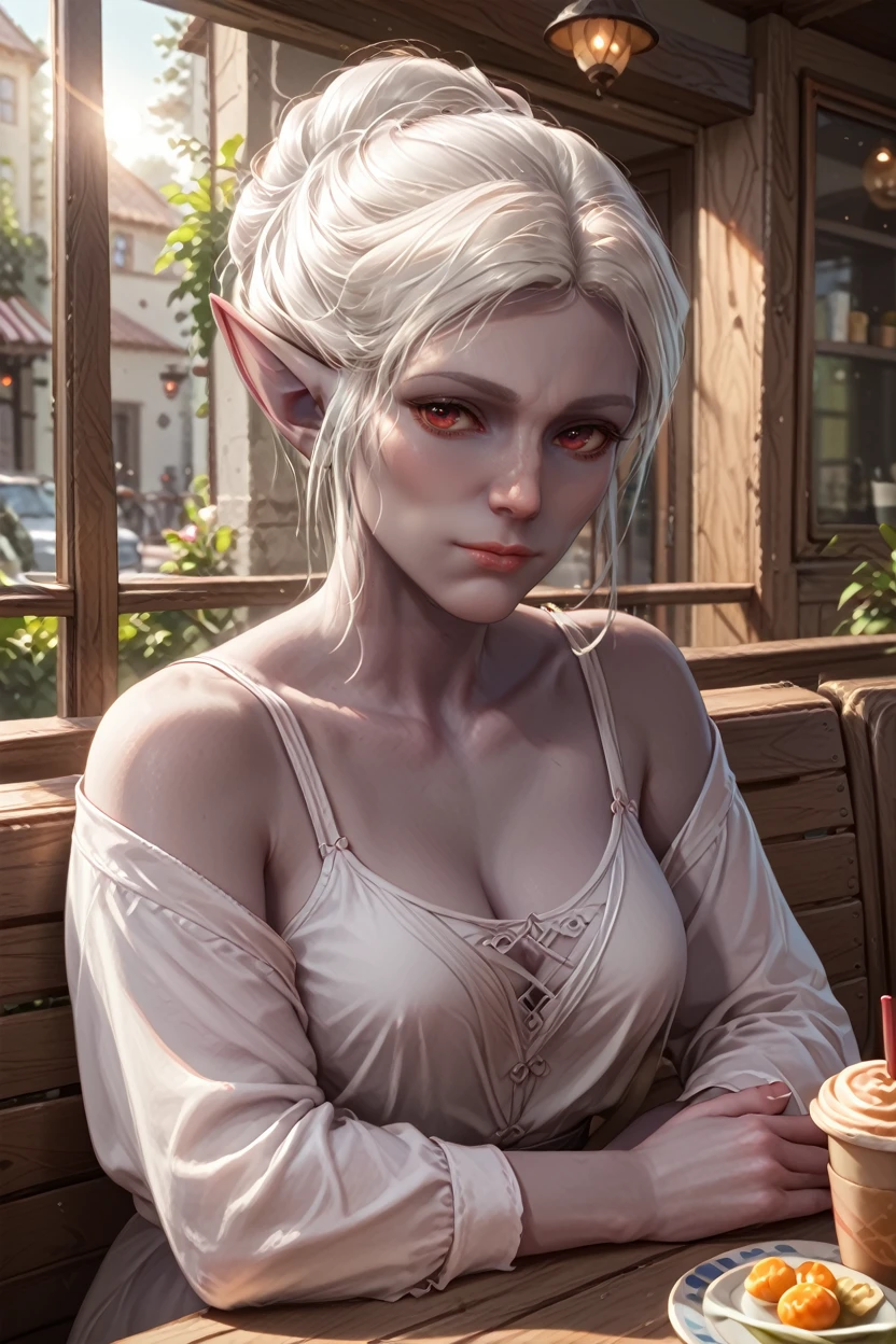 score_9, score_8_up, score_7_up, score_6_up
<lora:BGMinthara:1.0>
BGMinthara, 1girl, white hair, pointy ears, red eyes, grey skin, looking at viewer, cafe terrace, morning, peaceful and serene with soft morning sunlight