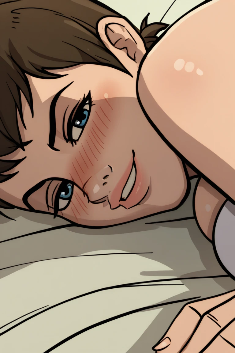 score_9, score_8, score_7, score_6,WHTStyle, WHTJack, 1girl, solo, looking at viewer, blush, on side, smile, short hair, blue eyes, brown hair, lying, lips, hand, close up