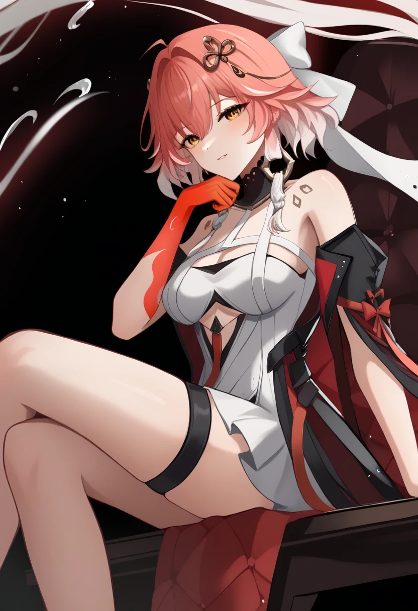 <lora:changli_(wuthering_waves)_pony:1>,cleavage, feet_out_of_frame, body_markings, knee_up, parted_lips, from_side, colored_extremities, medium_breasts, thigh_strap, 1girl, white_bow, hair_bow, changli_\(wuthering_waves\), absurdres, white_dress, bare_shoulders, commentary, highres, looking_at_viewer, solo, red_hands, sitting, hand_on_own_chin