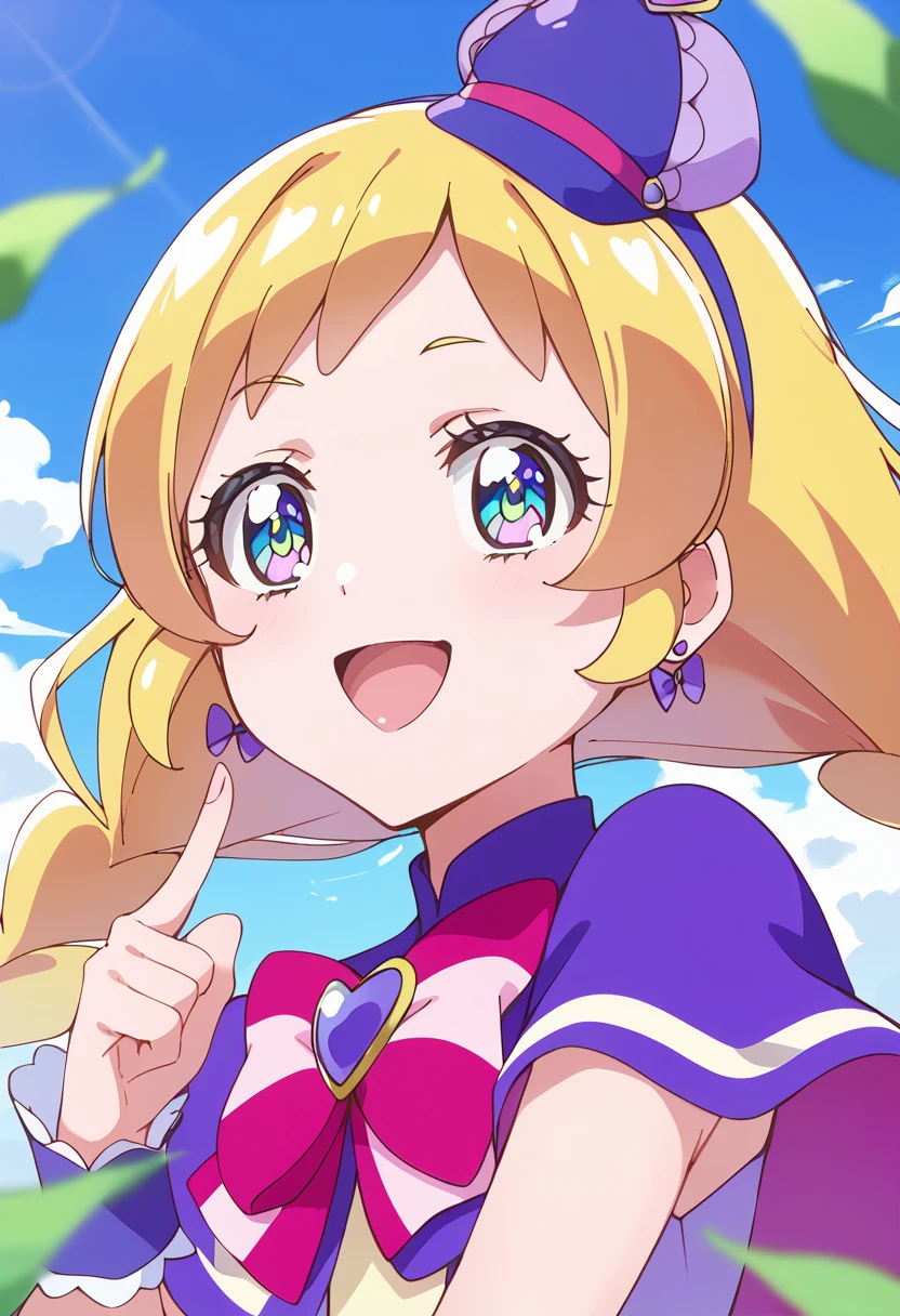 score_9, score_8_up, score_7_up, source_anime, BREAK
cure friendy, 1girl, blonde hair, solo, open mouth, smile, earrings, :d, long hair, heart, blue eyes, grass, shiny hair, looking at viewer, purple headwear, anime coloring, blue headwear, multicolored, eyelashes, green eyes, portrait, bangs, floating hair, blue background, top hat, multicolored eyes, happy, blurry foreground, pink bow, hand up, face, red neckwear, multicolored neckwear, mini witch hat, bowtie, upper body, pointing, ribbon, purple hairband, index finger raised, tongue, eyebrows visible through hair, wind, purple capelet, blue hairband, capelet, depth of field, aqua eyes, pink neckwear, outdoors, purple bow, blurry background, pink headwear, pointing at self, medium hair, day, purple dress, heart earrings, blue sky, leaf, hat bow, heart brooch, twin braids, bow earrings, striped bow, deerstalker, twintails
<lora:cure_friendy_inukai_iroha_sdxl_locon_pony_v1:0.7>