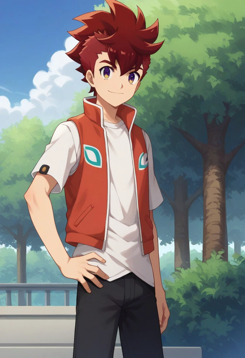 score_9, score_8_up, score_7_up, source_anime, highly detailed, 
rekka, 1boy, male focus, solo, red hair, purple eyes, yellow eyes, looking at viewer, pants, hand on hip, shirt, standing, white shirt, smile, vest, jacket, spiked hair,
outdoor, sky, tree