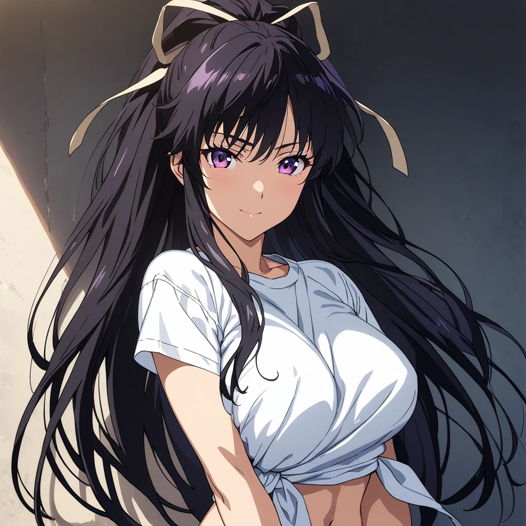 (masterpiece),(best quality),(ultra-detailed),(best illustration),(best shadow),(absurdres),(detailed background),(very aesthetic), kanzaki_kaori, 1girl, solo, black hair, purple eyes, long hair, large breasts, navel, midriff, very long hair, side tied shirt, white t shirt , belt, ribbon, upper body, portrait, close up, anime coloring, seductive smile,<lora:Kanzaki_Kaori:1>