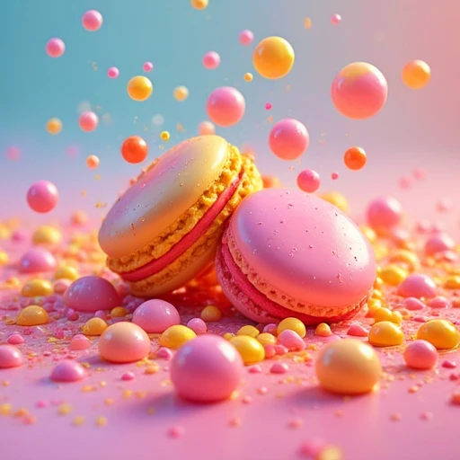 solo, still life, sweets, neon bubbles, macaron, lying, paint, too many, gradient