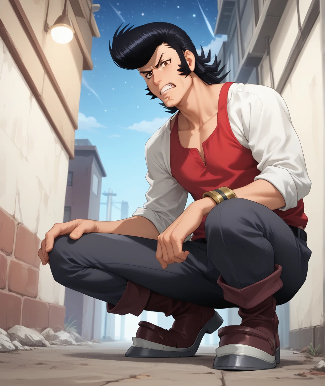 score_9, score_8_up, score_7_up, alley, dark, night, lamppost,
BREAK
1boy, solo, dandy \(space dandy\), space dandy, (muscular), pompadour, sideburns, black hair, red tank top, sleeves rolled up, (uneven eyes), brown eyes, angry, annoyed, clenched teeth, looking at viewer, squatting, slav squatting, from below,
<lora:spacedandy:1.2>