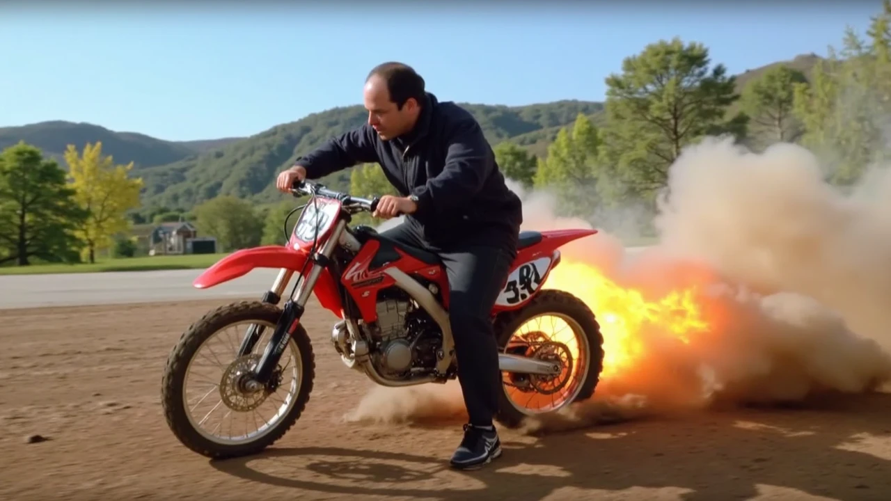 selfiecam go pro action sequence footage of george costanza in a business suit popping a sick wheelie on a dirt bike with flames shooting out the back