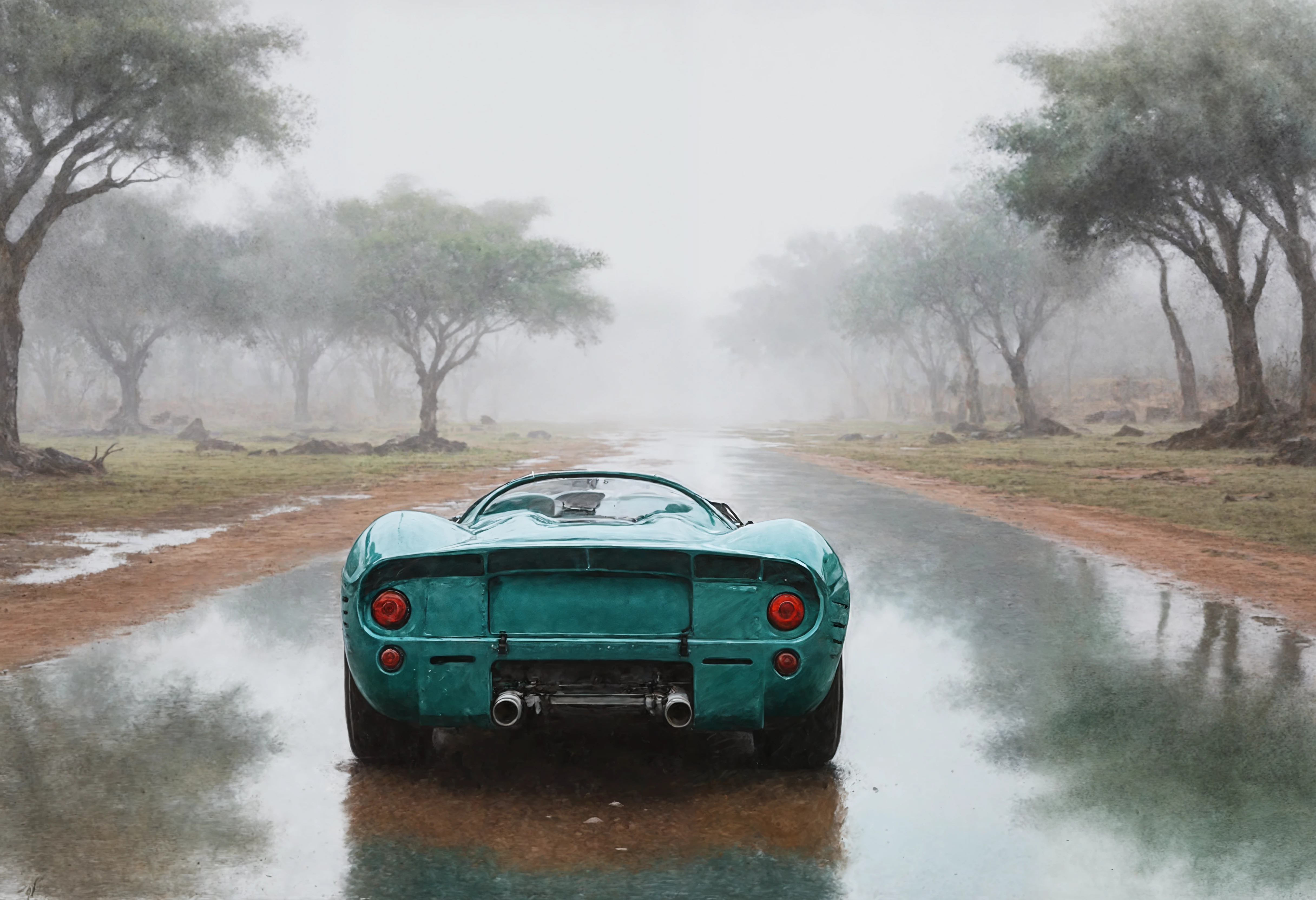 a watercolor painting of a Teal Green 4re33op4 sports car, (spyder:1.25), rear view,     Serengeti, Tanzania: Wildlife and sweeping savannahs., fog and mist, 