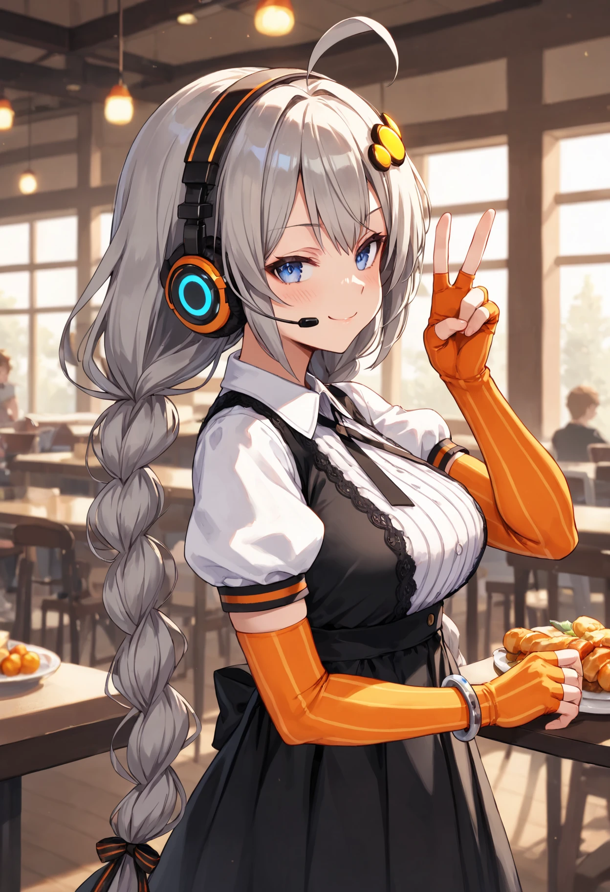 score_9, score_8_up, score_7_up, 
 <lora:KizunaAkari_MMD_Pony_V1:0.95>blue eyes, grey hair,  ahoge, twin braids, braid, very long hair, hair ornament, hair tubes, headphones, headset, 
black dress,  lace-trimmed dress, short sleeves, puffy sleeves, 
orange gloves, striped gloves, elbow gloves, fingerless gloves, bracelet, 
orange pantyhose, striped pantyhose, 
star print, star (symbol), vertical stripes, 
from side,, looking back,, upper body,,
A cafeteria, delicious food, Holding food ,
smile,cowboy shot ,huge brests,
smug, smirk, blush,peace sign,