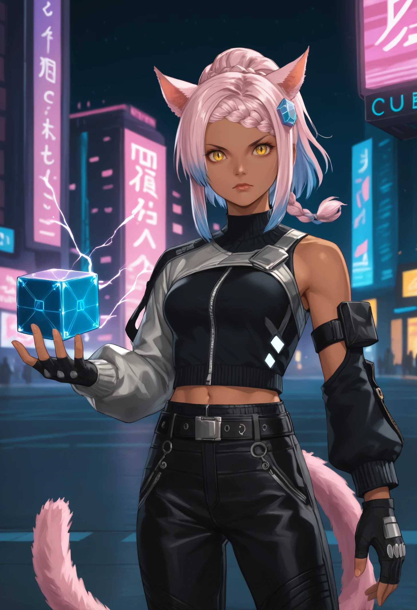 score_9, score_8_up, score_7_up, 1girl, eutropernd, dark-skinned female, yellow eyes, slit pupils, lipstick, animal ears, medium hair, two-tone hair, gradient hair, side braid, single braid, ponytail, pink tail, cat tail, medium breasts,
eutropemain, hair ornament, headpiece, silver shrug \(clothing\), bare shoulder, silver chest harness, black armband, black shirt, zipper, midriff peek, black arm warmer, black fingerless gloves, black belt, black pants, leather pants,
looking at viewer, serious, hand up, holding cube, floating cube, electricity, 
outdoors, arena, sci-fi, science fiction, futuristic, neon lights, cityscape,
<lora:Wicked-Thunder-Eutrope-PDXL_V1-Manityro-CAME:1.0>,