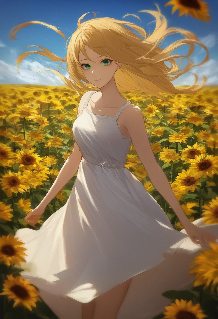 score_8_up, source_anime, woman, sunflower field, green eyes, blonde, white sundress, rating_safe, blue sky, day, wind, looking at viewer, smile, closed mouth, 
<lora:DarkerThanDarkV1:0.5>