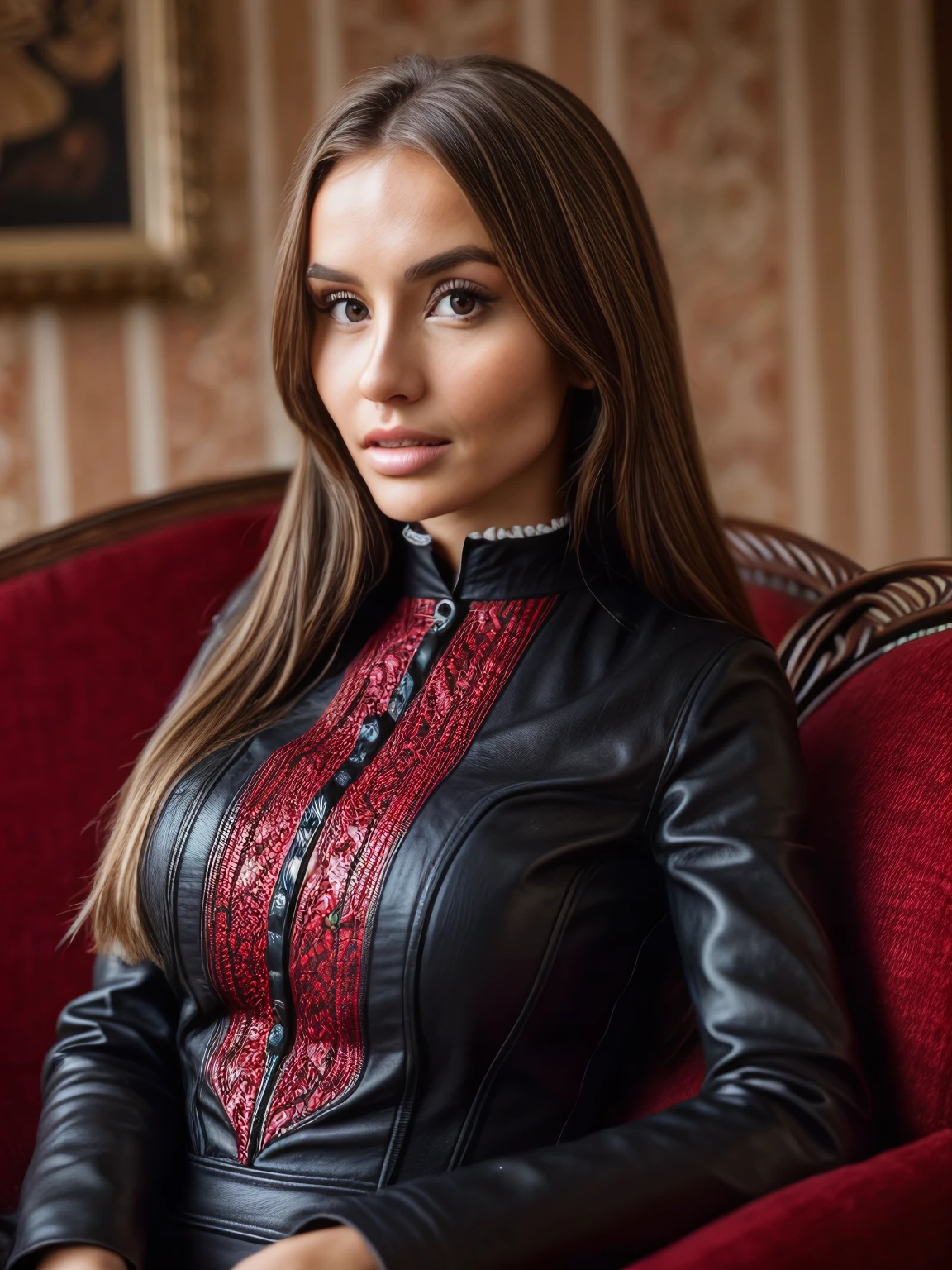 vv, 1girl, solo, realistic, leather sofa, blurry, brown eyes, close-up, masterpiece, dark fantasy, looking at viewer, lips, depth of field, brown hair, parted lips, victorian dress, luxury, embroidery, intricate, detailed, complex,((art nouveau))