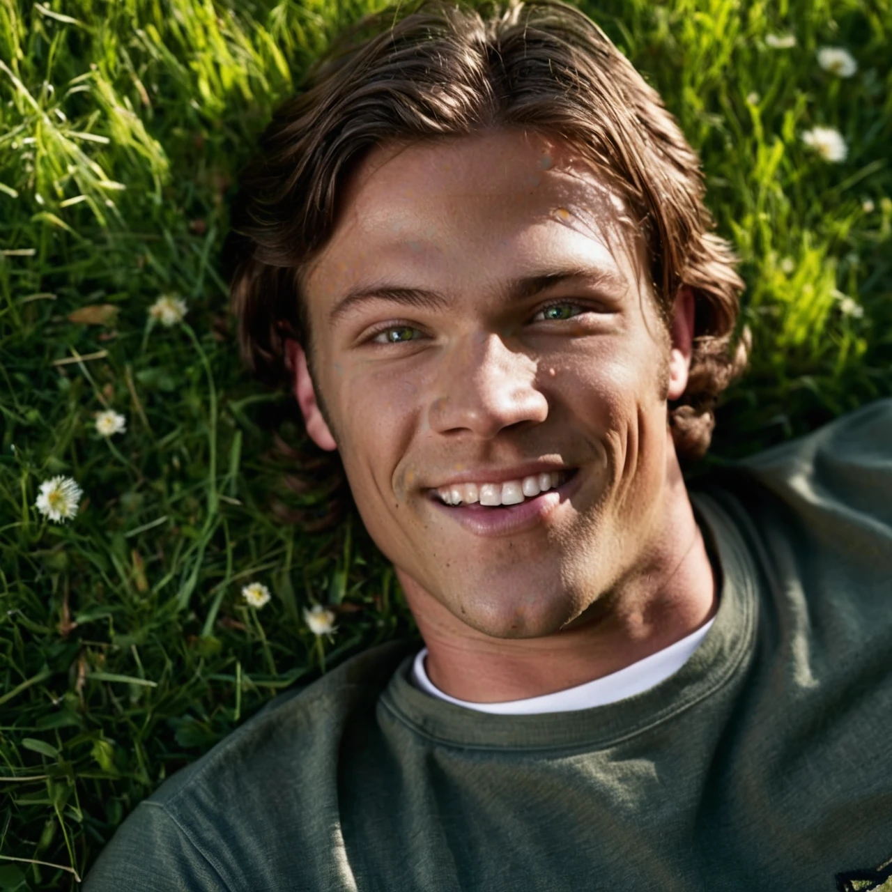 intricate details, ultra sharp, realism, realistic photography, (padalecki, 21 yo caucasian male model, athletic, green eyes, casual clothes), smile, teeth, resting head on arm. Looking at viewer. Lying on stomach on grass, in a meadow, maple trees in the background. The sun shines on his face. Close-up portrait.