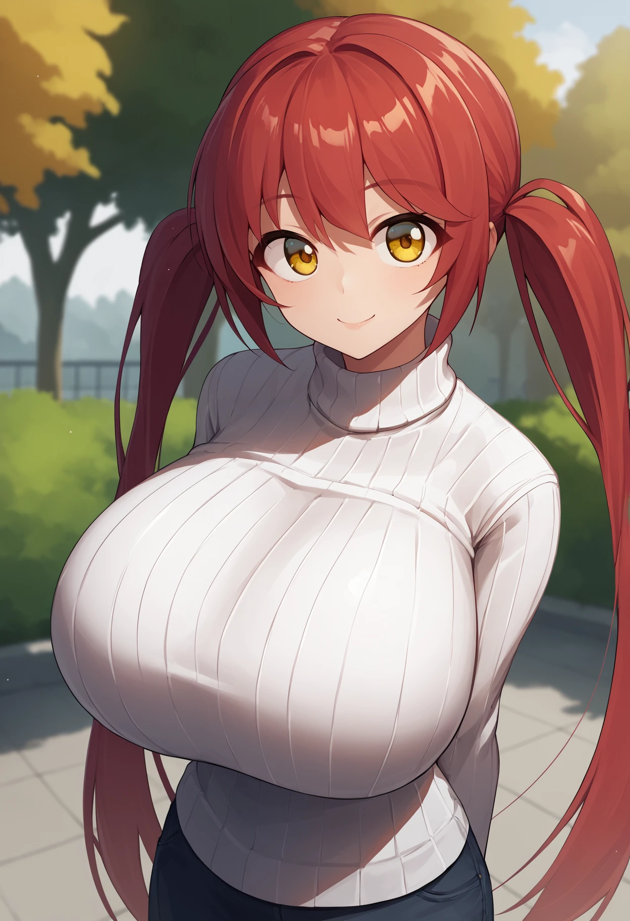 score_9, score_8_up, score_7_up, source_anime BREAK 1girl, solo, <lora:moralgear-artist-richy-v1_pdxl:1> looking at viewer, smile, red hair, twintails, very long hair, yellow eyes, huge breasts, turtleneck sweater, white sweater, ribbed sweater, standing, outdoors