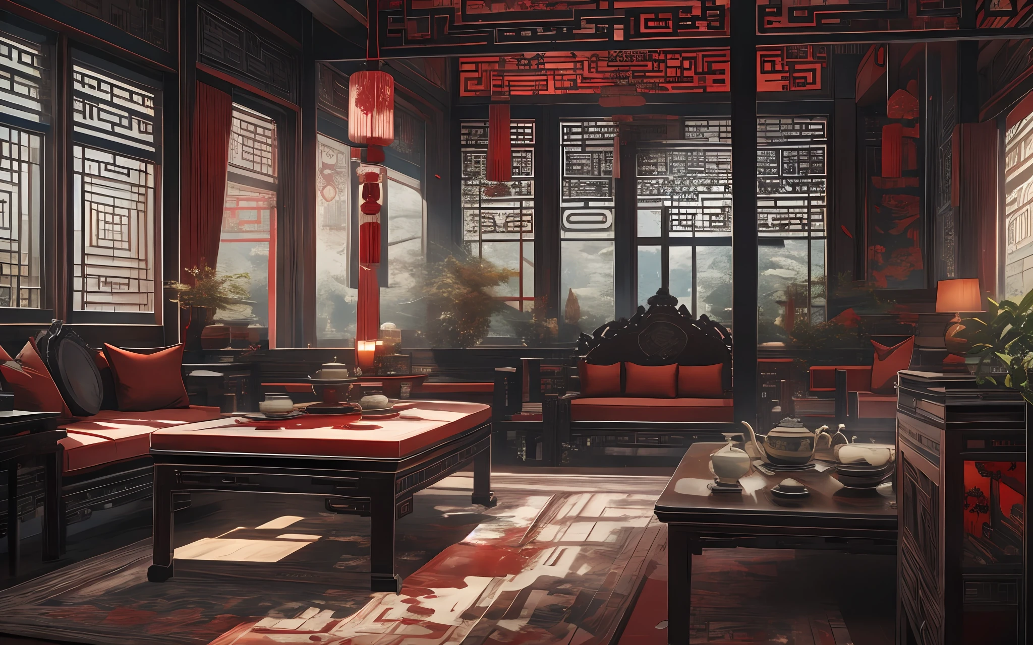 scenery, indoors, wooden table, stairs, teapot on the tray on the table, couch, window, chairs with red cushions, red velvet carpet, statue, dark wooden relief sculpture on the wall, lattice windows, traditional lattice ceilings,, (1girl:1.3), eyes focus, <lora:Red and Dark Wood Chinese Interior:1>, 1girl sit on couch, chinese clothes, china dress,