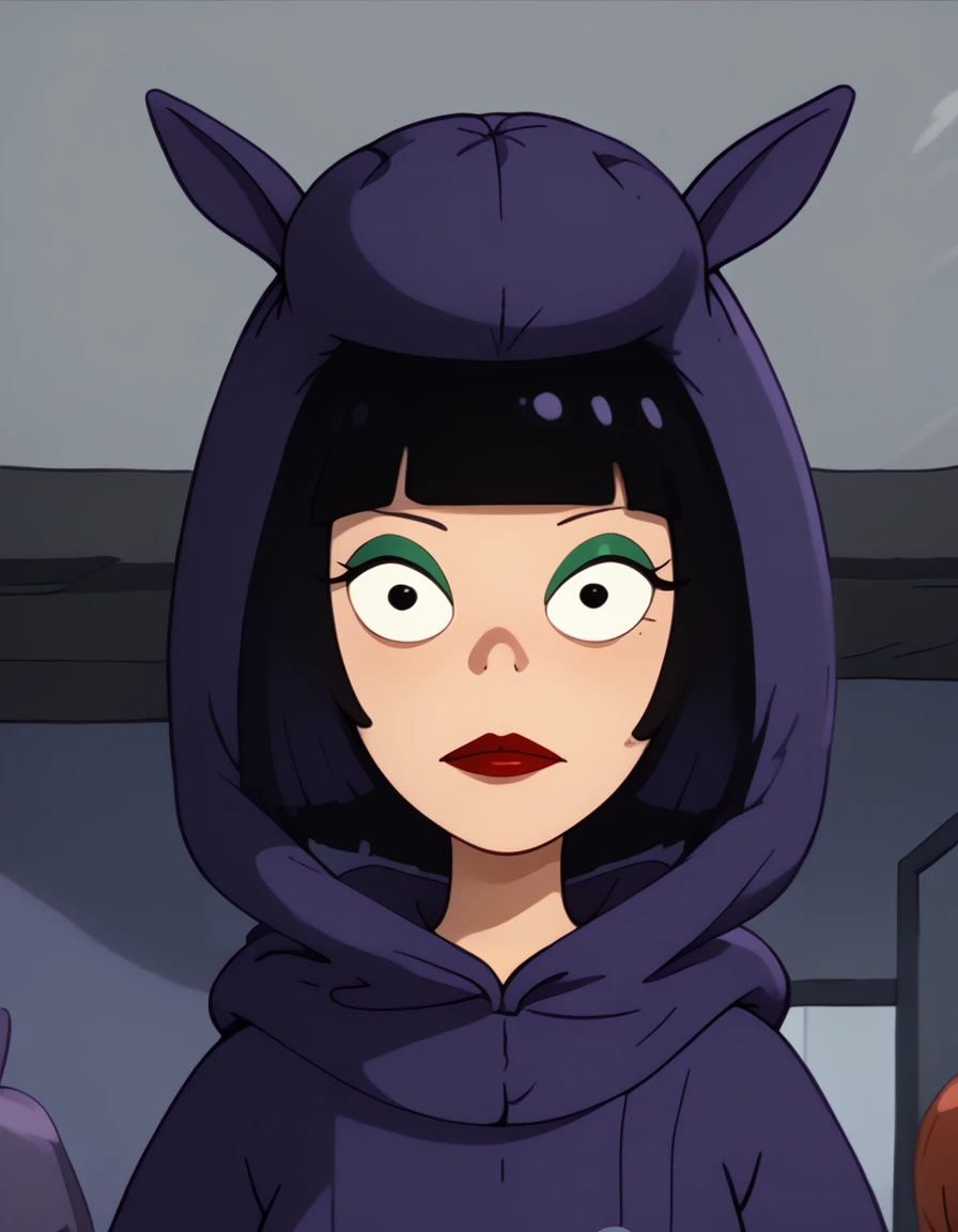 <lora:Ms_Mushburgur:1>1girl, pale, artsy, makeup, black bob-cut hair, blunt bangs,  <lora:bobcephala_-_Bobs_Burgers:1> purple horse costume,, source_cartoon, score_9, score_8_up, score_7_up,