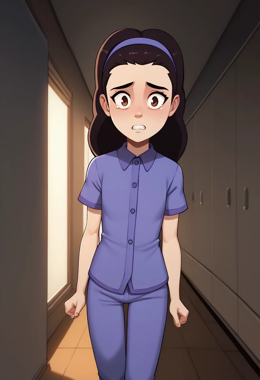 score_9, score_8_up, score_7_up, high quality, highres, MHPHEsther, 1girl, dark brown hair, long hair, brown eyes, purple headband, purple shirt, collared shirt, purple pants, short sleeves, pajamas, solo, indoors, hallway, young, Scared, dark room,