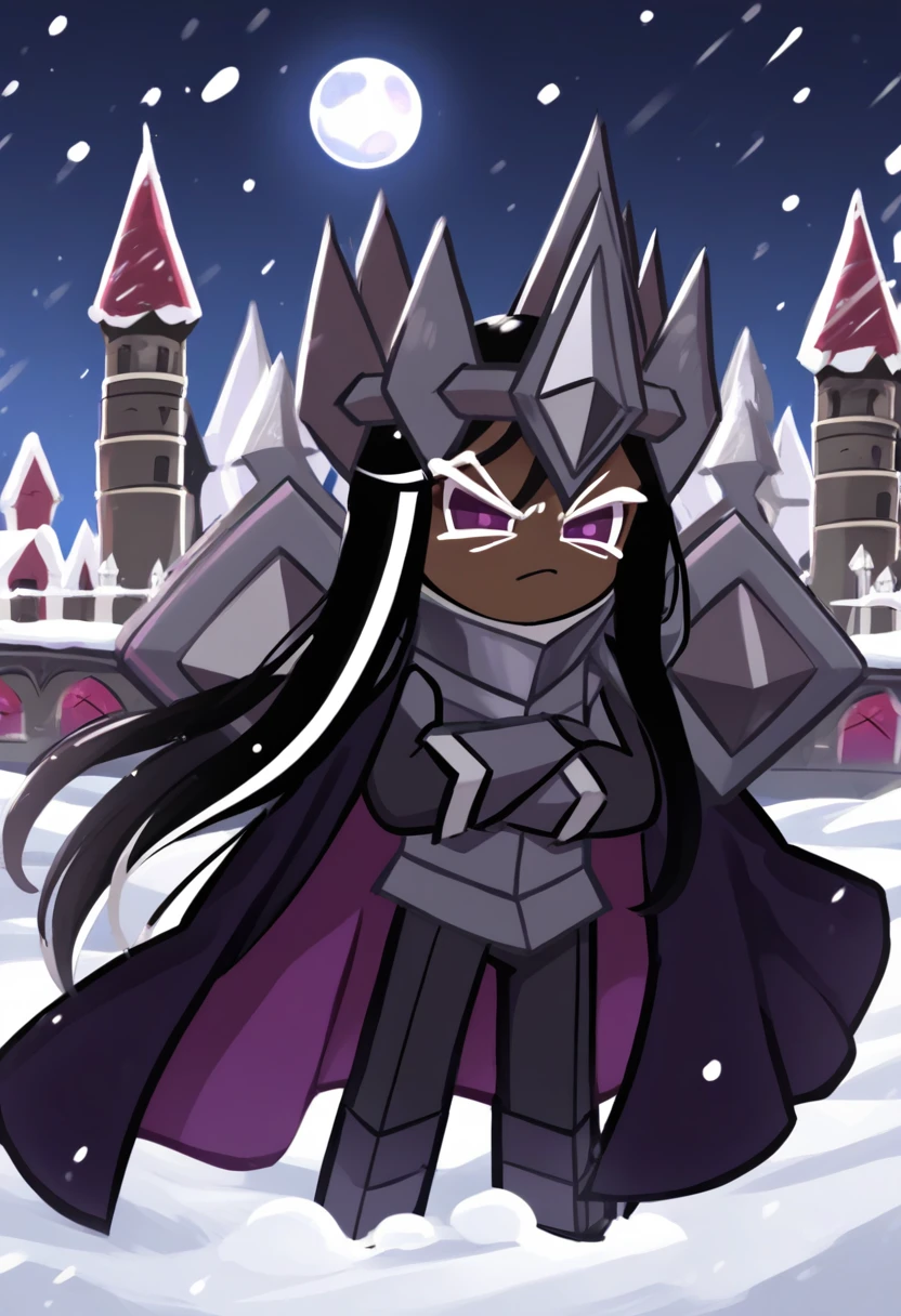 score_9, score_8_up, score_7_up, BREAK
(black castle:1.4), tower, flag, snow, snowing, clouds, dark, night, moon
DCC00K13, long hair, black hair, white streak, dark purple eyes, silver crown, silver armor, silver pauldrons, purple cape, sword, purple gem, dark skin, silver gauntlets
chibi, standing on tower, looking at viewer, serious, crossed arms
 <lora:Dark_Cacao_Cookie:1>