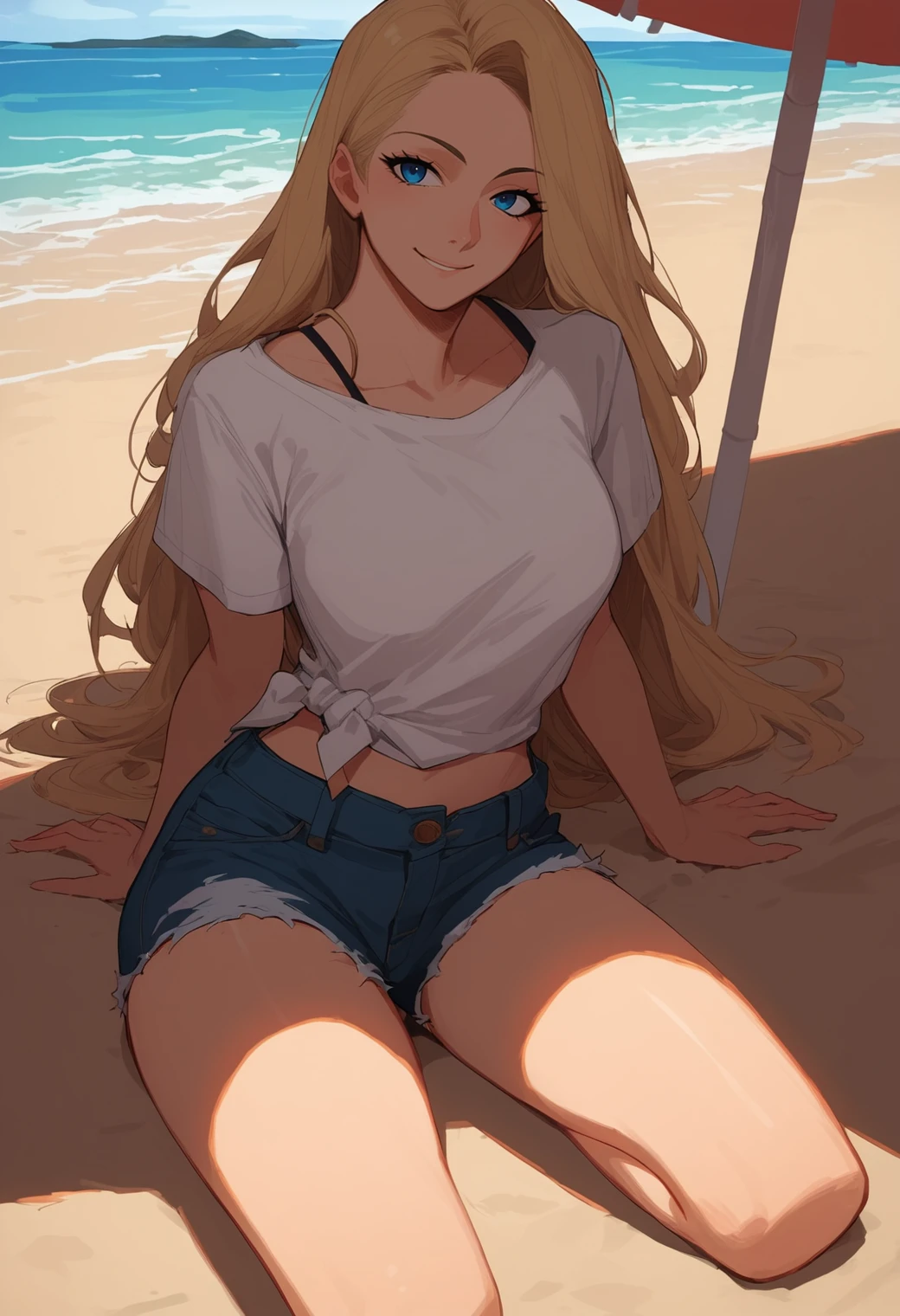 (8K、Highest quality、Highest quality、masterpiece)、Detailed face、One Girl、Spread legs、Spread Legs、(Brown Skin:1.2)、Long Hair、Blue Eyes、Sweat、Grin、(White tank top、Denim hot shorts、Mini Shorts、Cameltoe)、Cameltoe、Beach、cloud、pussy、fingering pussy、spread pussy、between labia, partially visible vulva、belly button、Big Breasts、