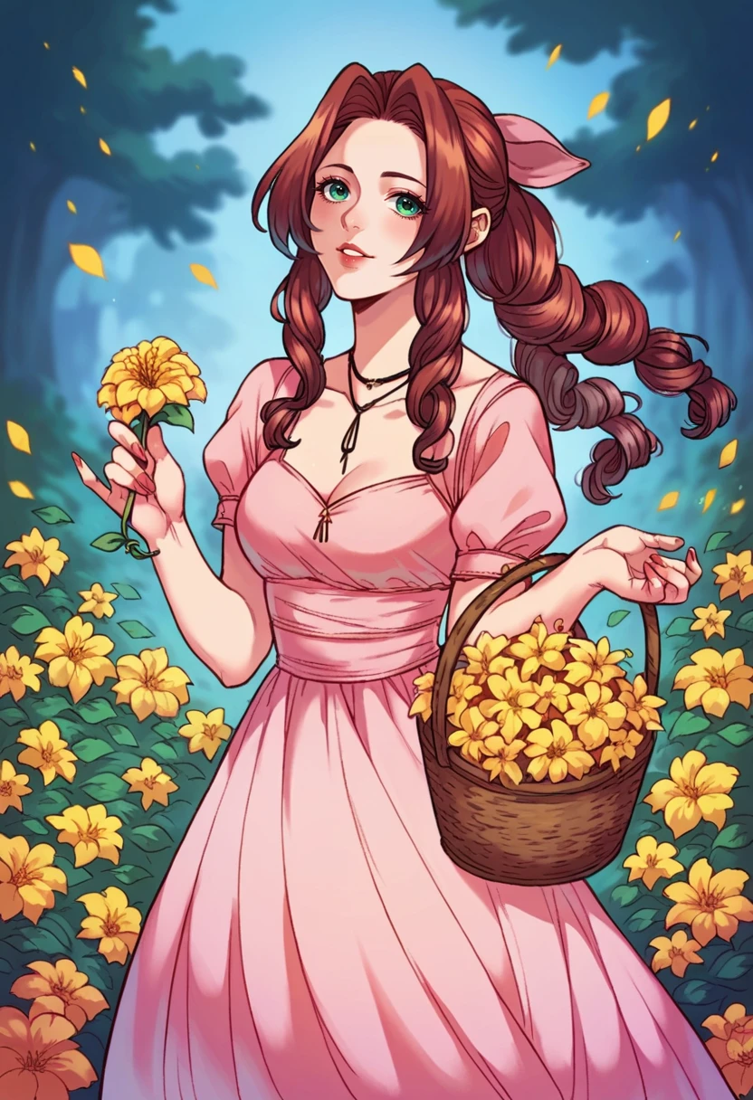 score_9, score_8_up, score_7_up, score_6_up, 1girl,Aerith , holding basket with yellow flowers, long pink dress, red short jacked,  looking at viewer,  <lora:Eva_Kiss_64_cont:1>