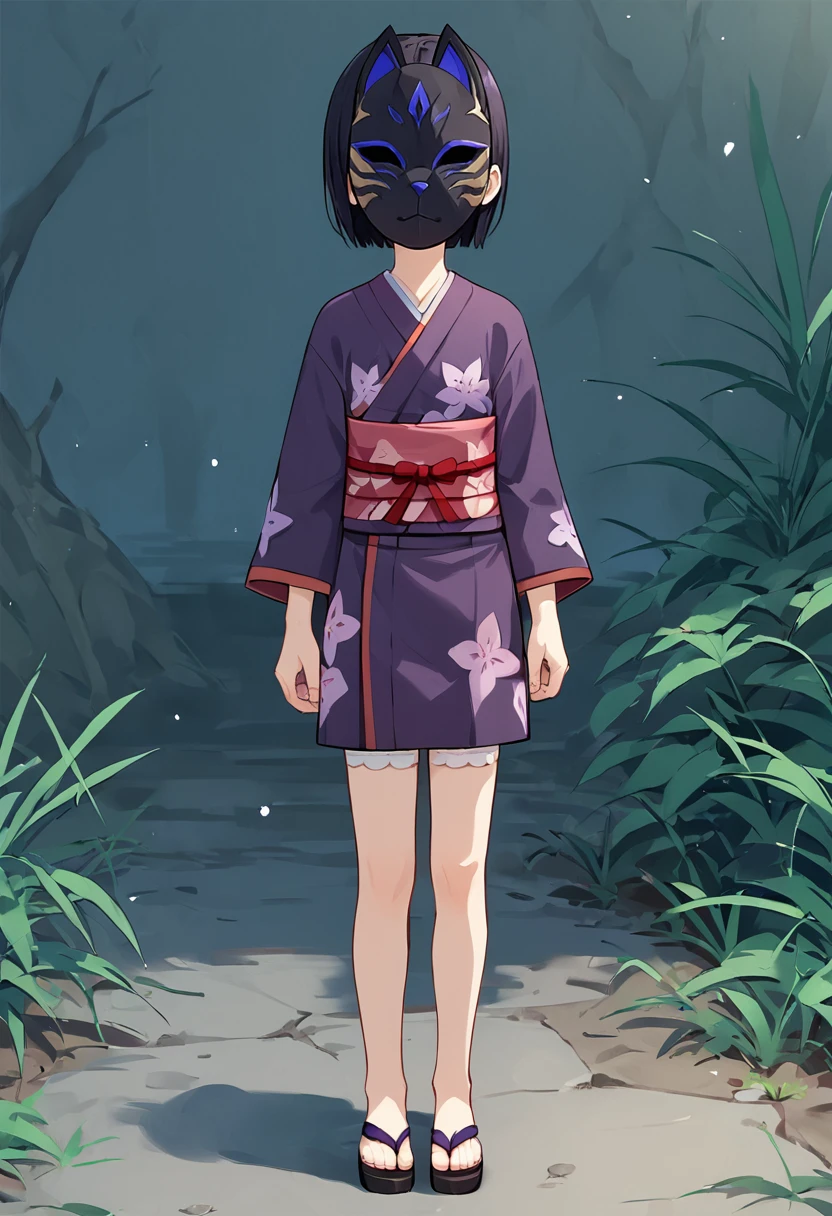 score_9, score_8_up, score_7_up, uncensored, masterpiece, best quality, source_anime BREAK 1girl, solo, youko, mask, black fox mask, covered face, faceless, short hair, black hair, petite, child, Expressiveh, japanese clothes, kimono, sash, purple kimono, floral print, short kimono, obi, print kimono, standing, full body, outdoors, dark purple kimono <lora:Expressive_H:0.6> <lora:add-detail-xl:0.5> <lora:KazariHanachirusato:0.85>