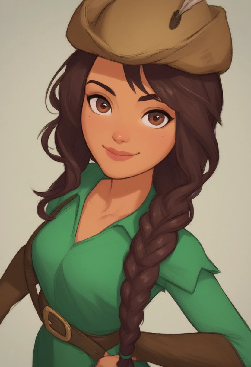 score_9, score_8_up, score_7_up, 1girl, solo,  carol_of_the_arrow, brown hair, brown eyes, dark skin, braid, long hair, belt, hat, green tunic, green tights, dynamic posing, dynamic angle, looking at viewer, light smile, simple background