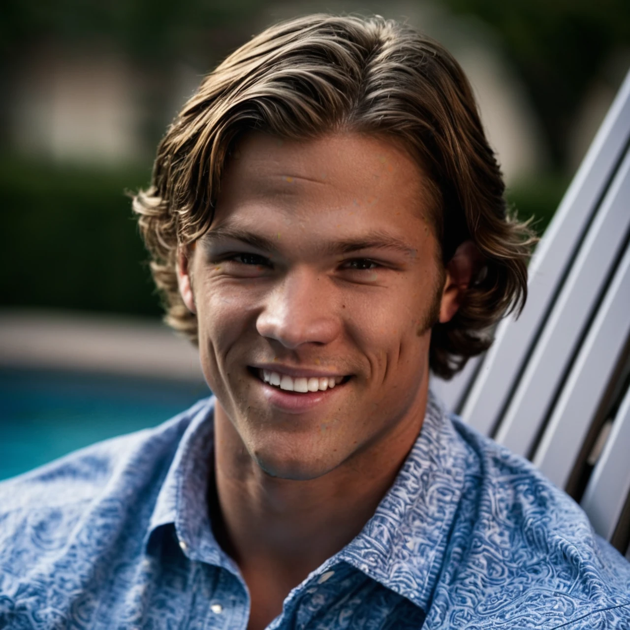 intricate details, ultra sharp, realism, realistic photography, (padalecki, 21 yo caucasian male model, athletic), on a patio lounge chair by a luxury swimming pool, wearing a luxury designer shirt, portrait, close up view, smile, teeth