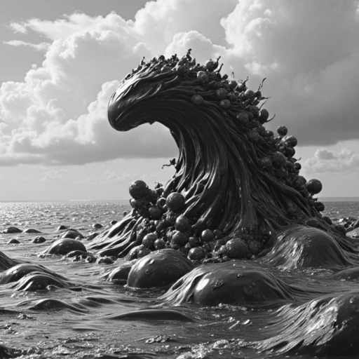 pokemon (creature), water, grapes, abstract, waves, black, petals, cloudy sky, monochrome, giant, slime, ocean