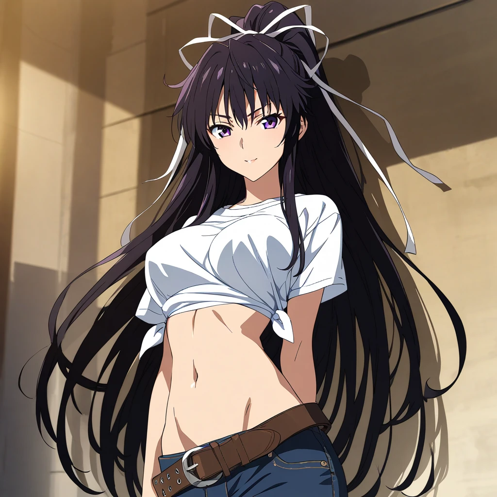 (masterpiece),(best quality),(ultra-detailed),(best illustration),(best shadow),(absurdres),(detailed background),(very aesthetic), kanzaki_kaori, 1girl, solo, black hair, purple eyes, long hair, large breasts, navel, midriff, very long hair, side tied shirt, white t shirt , belt, ribbon, upper body, portrait, close up, anime coloring, seductive smile,<lora:Kanzaki_Kaori:1>