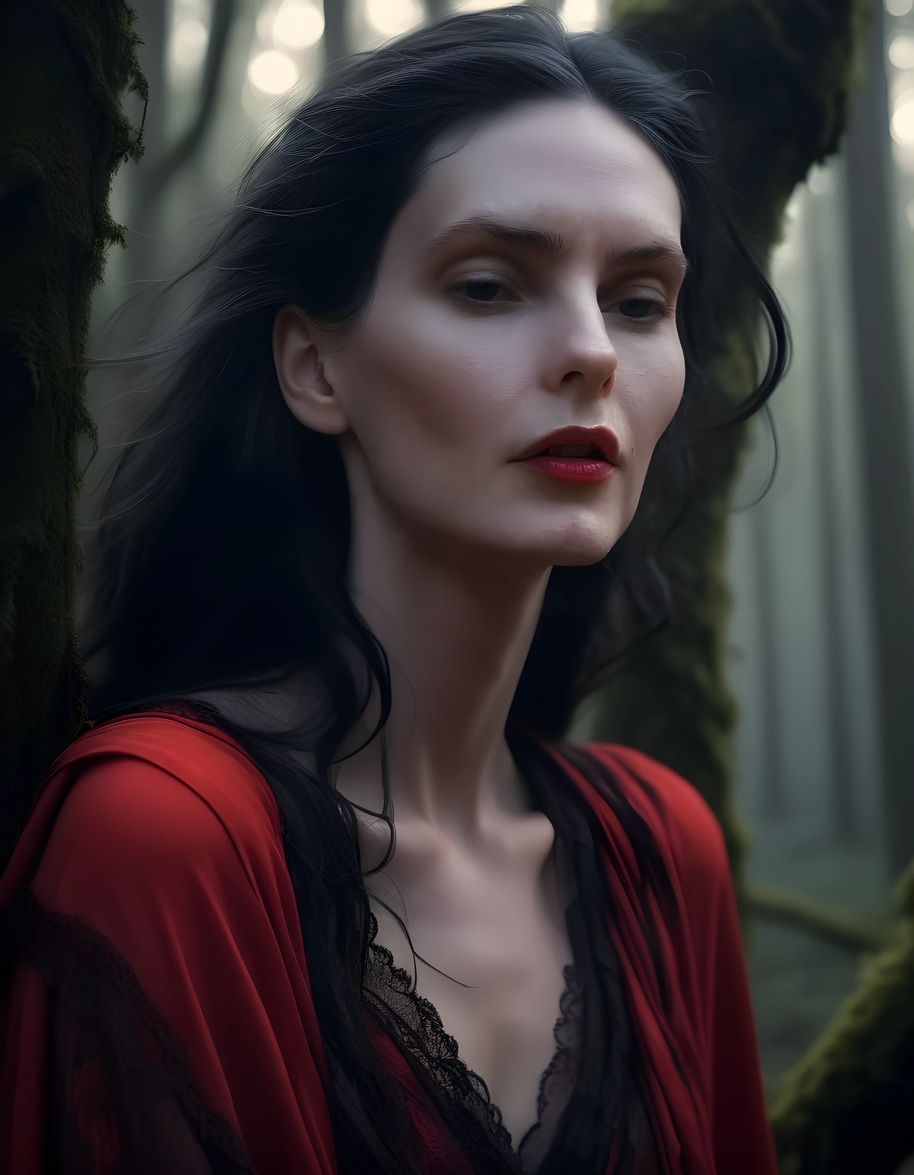 A hauntingly captivating close-up portrait, set against the backdrop of a dense, mossy forest under a dusky twilight sky. The subject, N4T45H4, is framed from the waist up, her raven black hair cascading in loose waves over her shoulders and down her back, contrasting sharply with her vibrant, fiery red outfit that seems to mimic the hues of the setting sun. Her eyes are closed, lost in thought, and a single strand of hair sticks to her glossy lips as they part slightly, revealing a hint of the blood-red lipstick she wears. The camera angle is low, emphasizing her angular jawline and high cheekbones, while the soft, warm lighting creates an ethereal, otherworldly ambiance. A gnarled tree trunk emerges from the shadows behind her, its twisted branches reaching out as if to embrace her, further adding to the eerie yet alluring atmosphere.