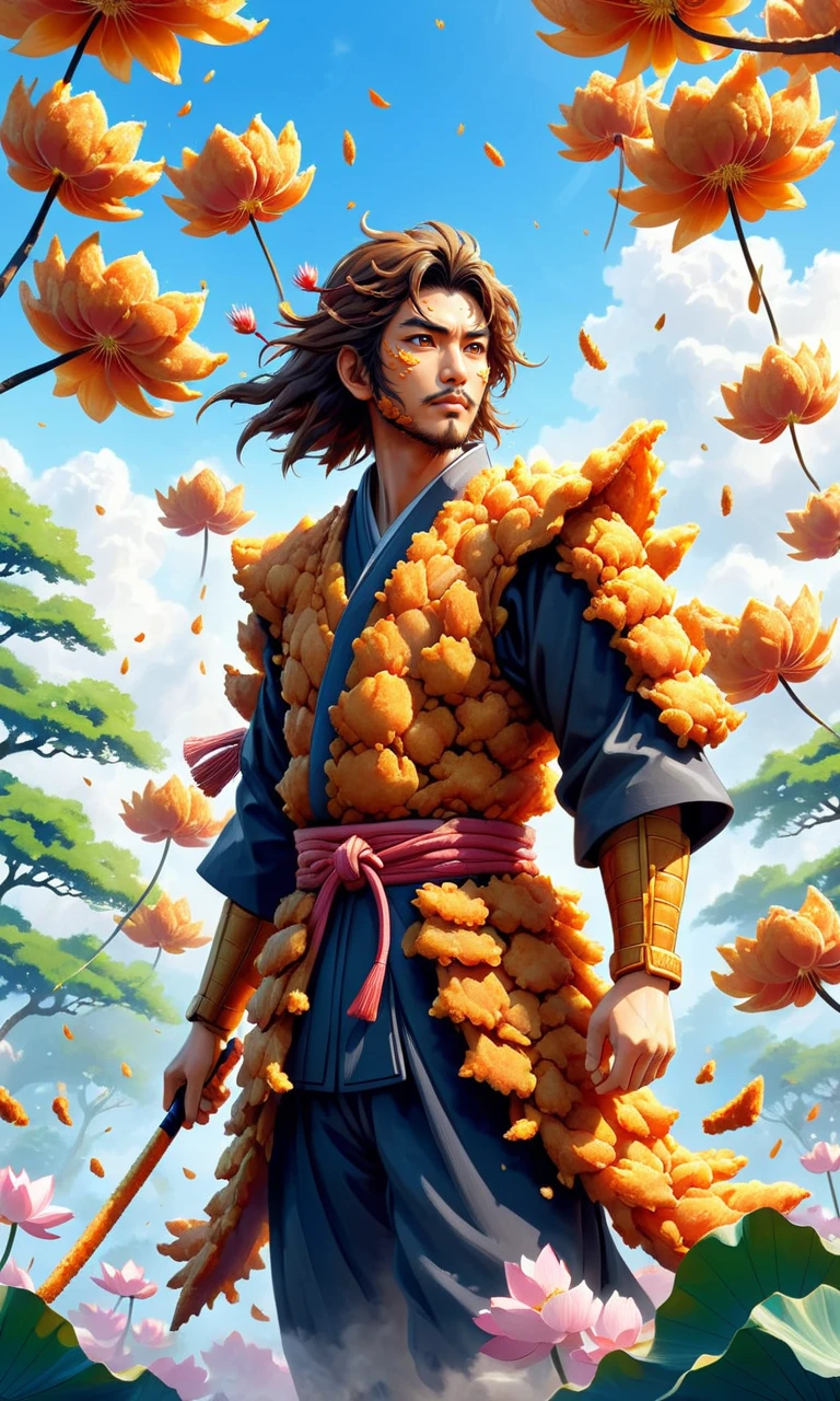 ((masterpiece, best quality)), illustration, digital painting,
<lora:Deep-Fried__Crispy_Style_World_Morph_V2:0.8> dfc, an anime style samurai made of deep fried & crispy breading, lotus petals in the air, japanese trees, feudal Japan scenery, feudal Japan influence,