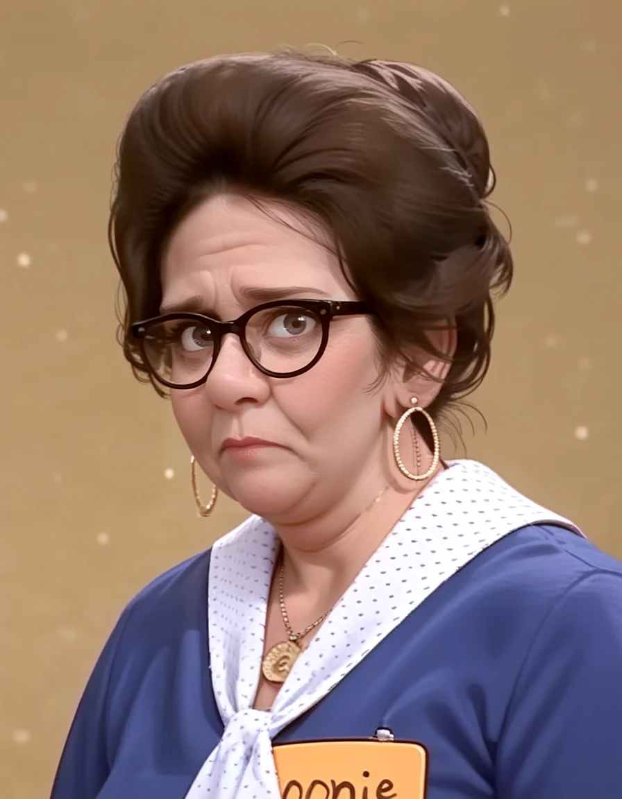 <lora:Connir:0.6> connie_tpir, woman, middle age, brown hair, hair in bun, hoop_earrings, 1960s, black frame glasses, blue polkadot dress, white polkadot neckerchief, nametag on chest, jewelry, necklace, portrait, facing viewer, concerned, looking at viewer, nervous, source_cartoon, score_9, score_8_up, score_7_up,