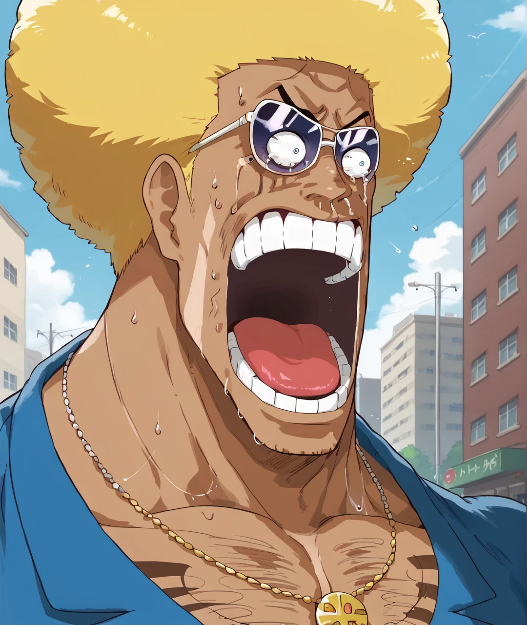 score_9, score_8_up, score_7_up, street,
BREAK
1boy, solo, bobobo-bo bo-bobo, afro, (fu manchu), blonde hair, muscular, blue shirt, (sunglasses), necklace, chest hair, arm hair, dark-skinned male, manly, enel face,open mouth,sweat,teeth,wide-eyed,constricted pupils,tears
<lora:Bobobo-bo_Bo-bobo:1> <lora:xl_exaggerated surprised expression(pony):1>