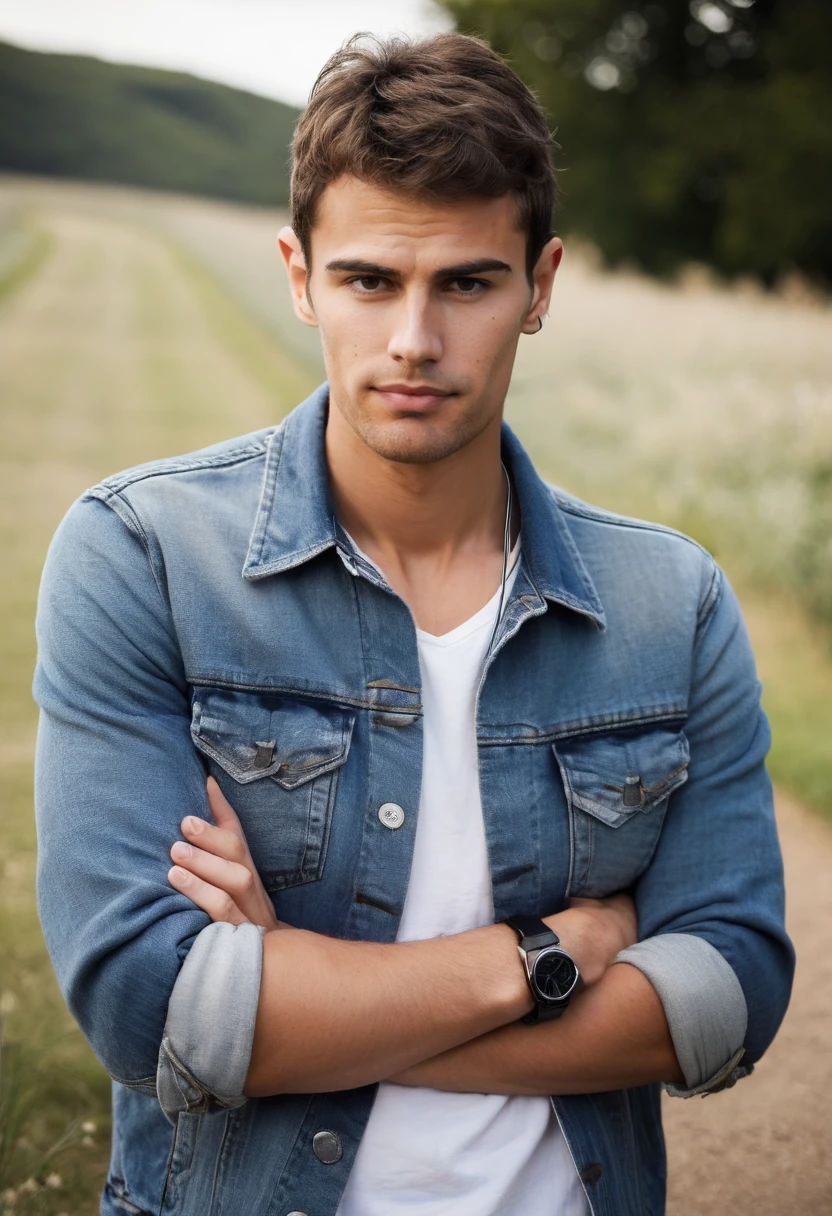 half body photo of a man,th30, crossed arms, outdoors, 1boy, shirt, earphones, denim jacket, ring, grin, phone<lora:Theo_James_2014_SDXL:.9>