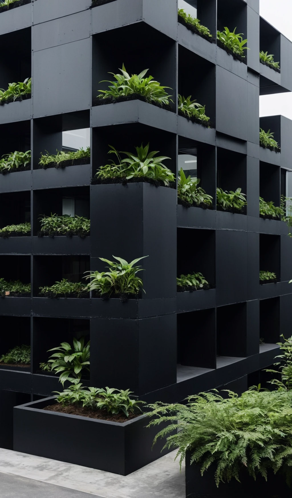 stacked cube office building exterior
black details small plants  and office 
<lora:archmat702:1>
 <lora:add-detail-xl:1>