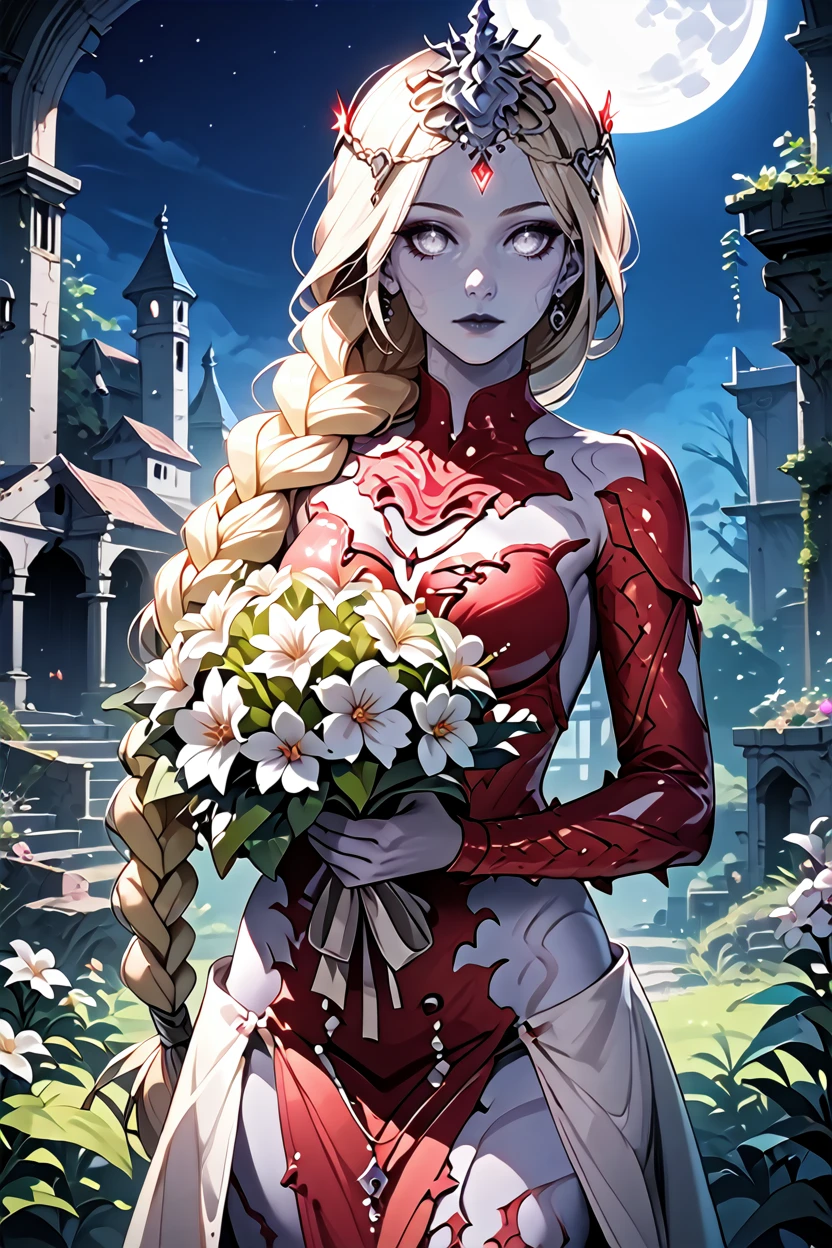 score_9, score_8_up, score_7_up, score_6_up
<lora:BGOrin:1.0>
BGOrin, 1girl, blonde hair, white eyes, grey skin, braid, long hair, looking at viewer, Holding a bouquet of flowers, a decaying abandoned mansion in a lush overgrown forest, full moon glowing red in a dark night sky