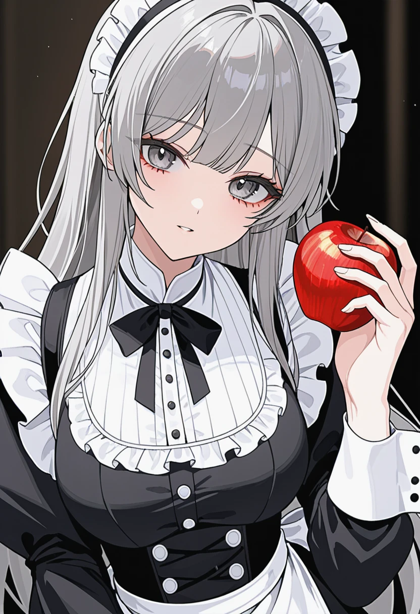 1girl,solo,Grey hair,long hair,maid's outfit,close-up of face,looking at viewer,holding apple,
newest,very aesthetic,highly detailed,best quality,absurdres,