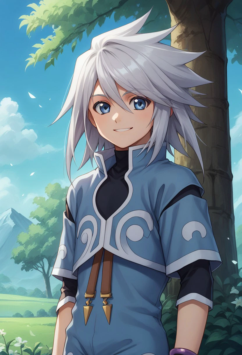 score_9, score_8_up, score_7_up, source_anime, highly detailed, 
genis, solo, male focus, 1boy, long hair, smile, shirt, shorts, jacket, black shirt, blue jacket, standing, looking at viewer, bracelet, jewelry, silver hair, upper body, blue eyes,
outdoor, sky, tree,