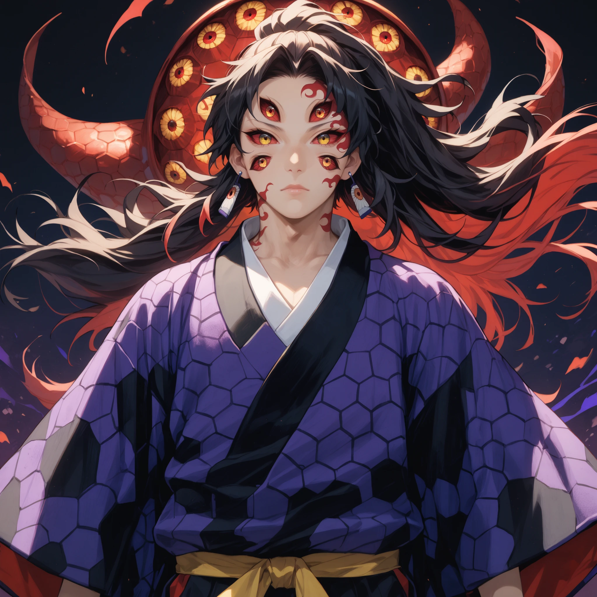 score_9, score_8_up, score_7_up, score_6_up BREAK k0k, 1boy, extra eyes, solo, red sclera, yellow eyes, red eyes, ponytail, long hair, floating hair, two-tone hair, black hair, red hair, facial mark, purple kimono, honeycomb \(pattern\), wide sleeves, earrings, looking at viewer, cowboy shot, <lora:KokushiboPDXLv0.9tx1-000009:1>