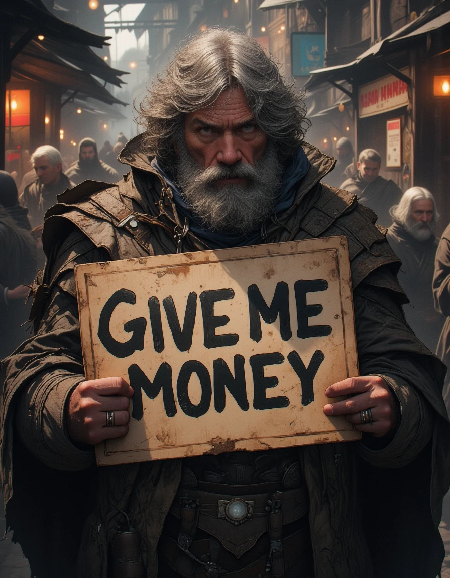 A rugged middle-aged adventurer stands holding a hand-made sign that reads ‘Give Me Money’ in bold, rough letters. The man has a scruffy beard, unkempt hair, and wears a worn-out adventurer’s outfit with patched armor and a tattered cloak. His expression is a mix of desperation and determination as he clutches the sign with both hands. The scene is set in a dimly lit tavern or a rundown marketplace, with the sign prominently displayed as he tries to get attention. The background hints at a life of hardship and rough adventures, now reduced to begging in a gritty and harsh world