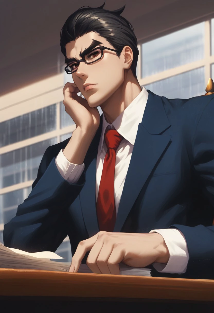 score_9, score_8_up, score_7_up, source_anime, rating_safe, office desk, SoeSNS, brown eyes, black glasses, (black Soe hair), 1boy, male focus, blue suit, red necktie, glare, strict CEO boss, sitting, hands with five fingers, blurry office, chair, stacked papers, window, sky, [building exterior-outdoors, raining-outdoors], centered, cinematic, realistic shading,