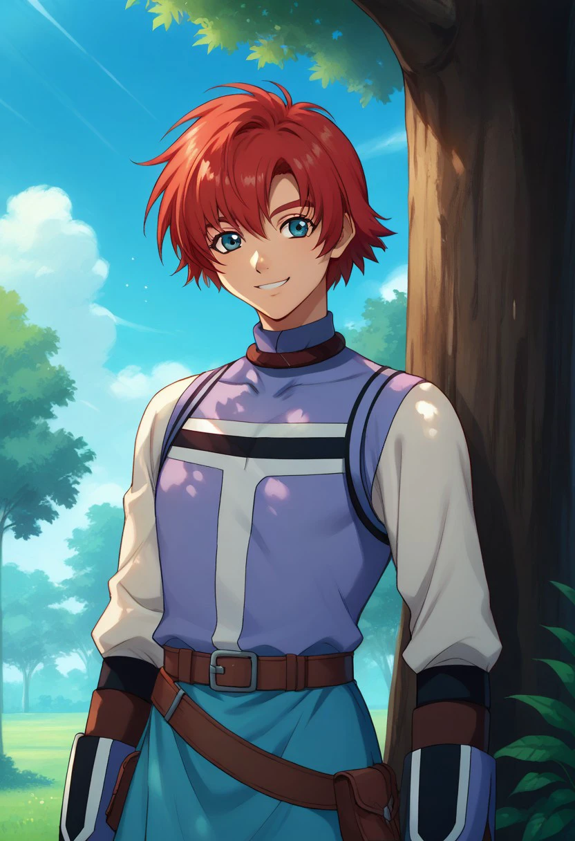 score_9, score_8_up, score_7_up, source_anime, highly detailed, 
reidhershel, solo, male focus, 1boy, red hair, blue eyes, gloves, belt, 
smile,  upper body, shirt,
outdoor, sky, tree