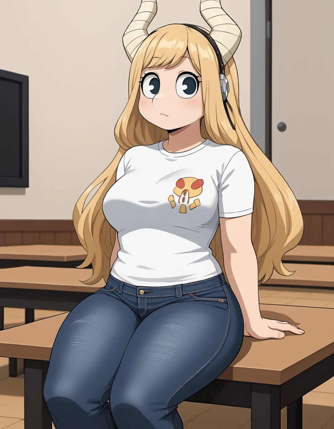 <lora:Tsunotori:1>, tsunotori, solo, jeans, tshirt, sitting on a table, thick thighs,