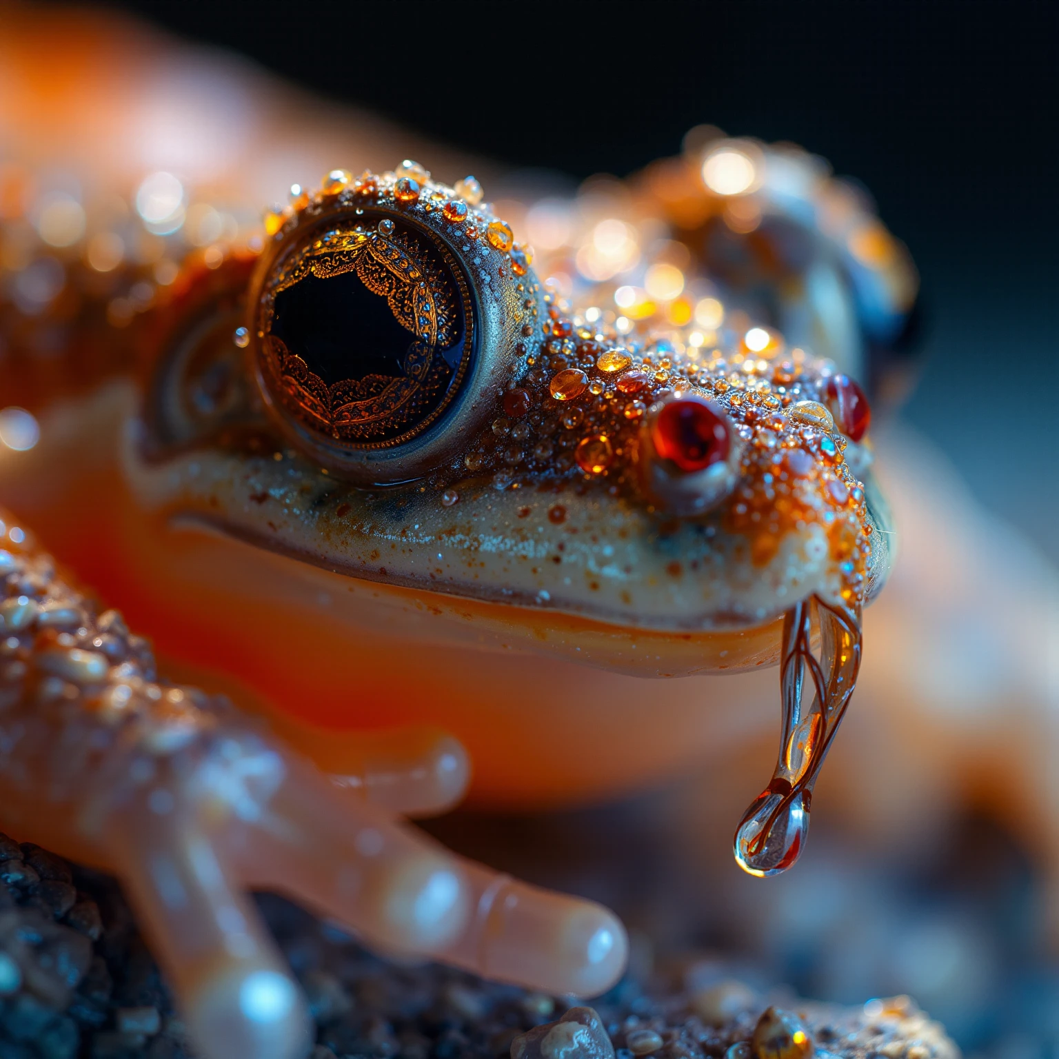 Extreme closeup, frog face, star crystal structure, intricate designs, glowing hues. Extreme depth of field, celestial light, shimmering details, otherworldly charm, majestic elegance.